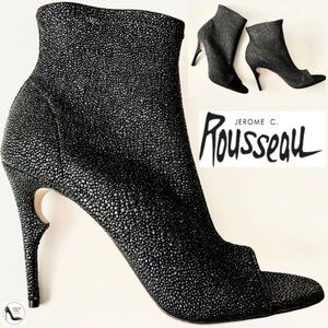 Jerome C. Rousseau Black Leather Open Toe Booties Pumps Stiletto Heel Shoes 38.5